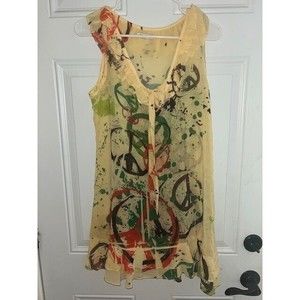 DB Sport Cover Up Womens Size S Yellow Sheer Peace Sign Double Ruffle Boho EUC